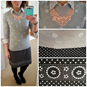 Polka dot sweater, blouse, and skirt. Fun teacher outfit! Links to available pieces on blog.
