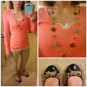 coral shirt with turquoise jewelry