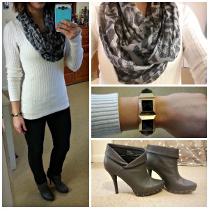 white sweater, black skinny jeans, ankle boots, infinity scarf, studded bracelet