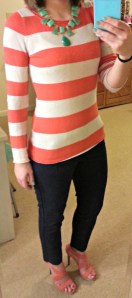 Orange stripes, green statement necklace, navy ankle pants, orange strappy heels