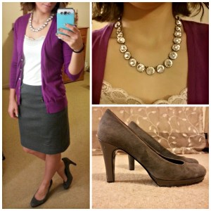 cardigan, pencil skirt, pumps, sparkly statement necklace