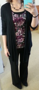 black cardigan, purple tank, black pinstripe pants