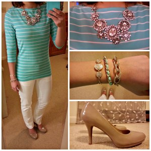 striped tee, white pants, nude pumps