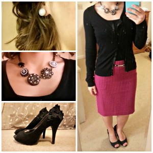 pink houndstooth pencil skirt with black layers