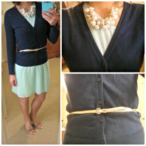 navy cardigan, mint dress, gold belt, pearls